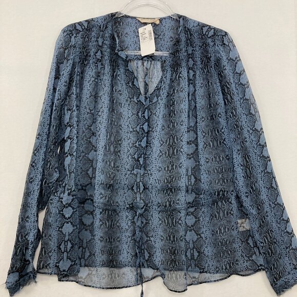 New Rebecca Taylor size 4 Blue Black Reptile Print Pure Silk Sheer Feminine Top - Picture 1 of 13